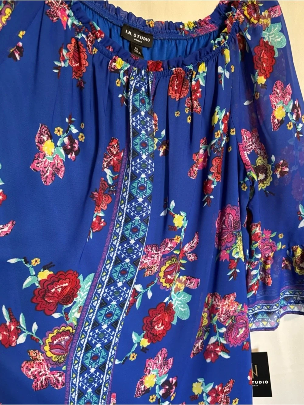 New I.N. Studio Women's 2X Blue Floral Boho Peasant Flowy Blouse - Picture 6 of 7